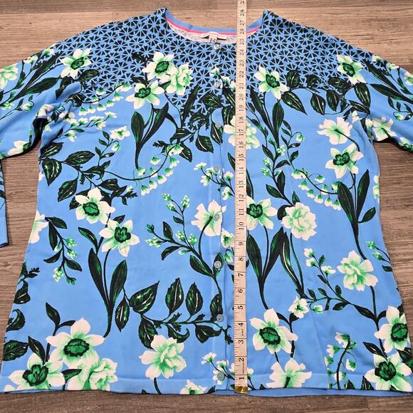 Isaac Mizrahi Live! Blue Floral Print Crew Neck Button Front Cardigan - Picture 6 of 7